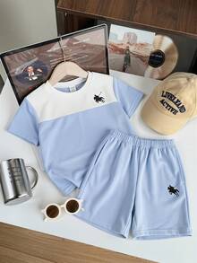 Kids Boy Casual Sporty Contrast Color Patchwork Short Sleeve Crew Neck T-Shirt And Shorts Set,White,Summer,Career Day,Back-To-School Tracksuit,Y2K Set - Multicolor - View 4