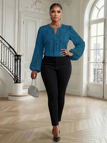Fleurora Camisa de Manga Longa com Estampa de Bolinhas e Listras, Casual e Plus Size, Adequada para o Outono - Azul Empoeirado - Visão 7