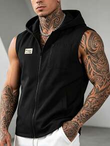 Manfinity Homme 男士字母印花口袋拉链连帽背心，休闲装 - 黑色 - 查看 2