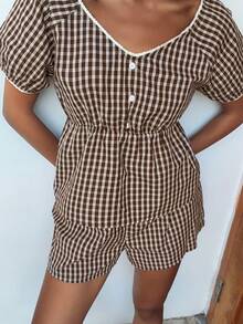 Livesso Women's Vintage Plaid Puff Sleeve Top And Shorts Pajama Set, Summer - Coffee Brown - View 3