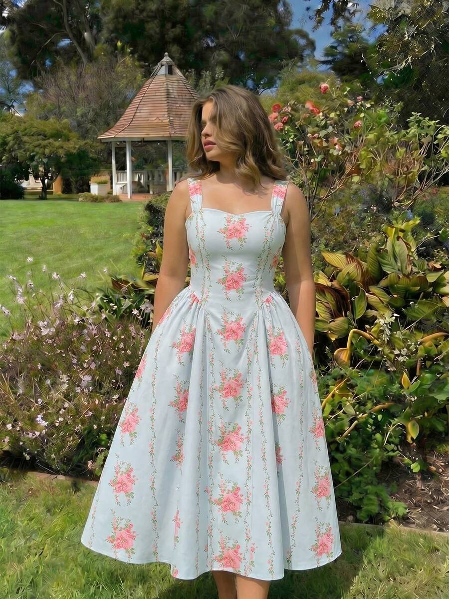 SHEIN MOD Plus Size Women's Elegant Floral Print Backless Tie-Waist Dress, Vacation Style - Baby Blue - View 1
