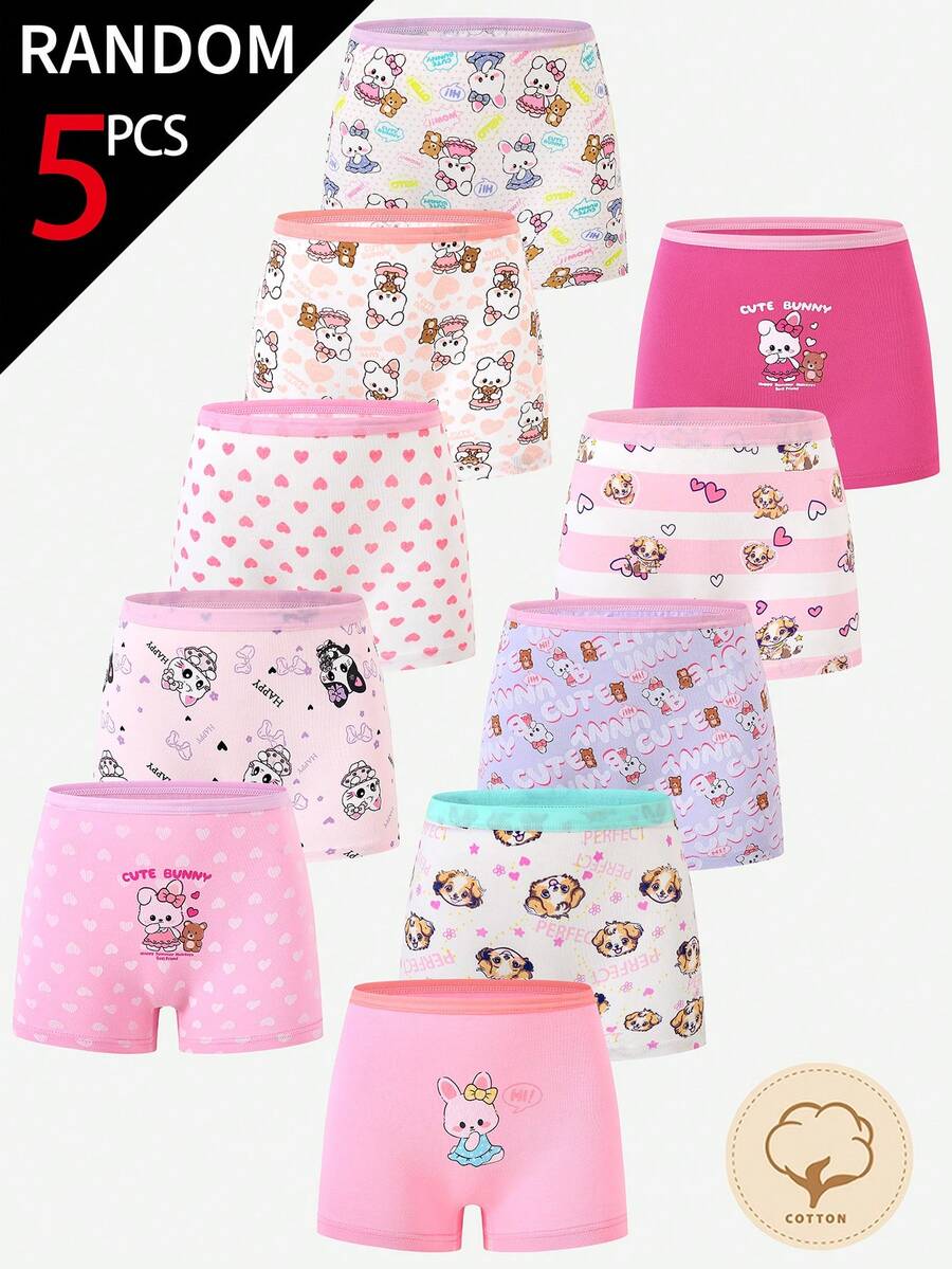 SHEIN 【5套随机】女童时尚内裤,采用柔软棉质面料,饰有可爱的卡通兔子图案、迷人的爱心图案和经典条纹设计,有可爱的粉色、白色和浅紫色可选。光滑亲肤的轻盈针织平角内裤,适合年轻女孩日常休闲穿着,四季皆宜。 - 彩色 - 查看 1