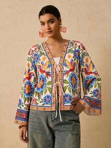 Travachic Plus Size Summer Floral Print Front Tie Loose Shirt - Multicolor - View 3