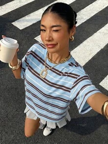 Áo thun ngắn tay cổ tròn kẻ sọc hồng nâu tối giản dành cho nữ tuổi teen, thích hợp cho mùa hè, phong cách thoải mái, giản dị, thanh lịch, nữ tính. - trắng - Xem 5
