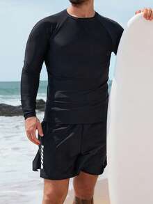 DAZY Black Long Sleeve Fitted Suit With Faux Shorts, Vacation Style Men's New Beach Set Summer - Black - View 4