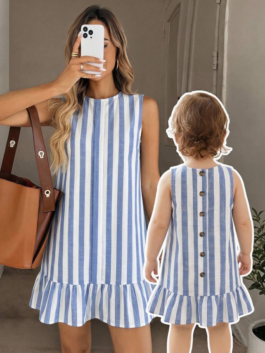 SHEIN Bộ đồ bé gái mùa hè kiểu dáng thoải mái, dễ thương, kẻ sọc, viền bèo, không tay, màu xanh nhạt, váy không tay kẻ sọc, váy đôi mùa hè, váy mẹ và bé, váy mẹ và bé. - Màu xanh lam - Xem 1