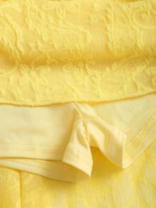 Sweetra Women's Yellow Romantic Halter Neck Ruched Waist Fitted Mini Dress With Double Layered Hem, Spring/Summer - Yellow - View 6