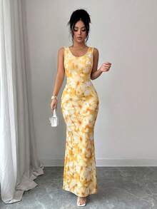 SHEIN Elenzya Exquisite Printed Chinoiserie Waist-Cinching Slit Luxurious Retro Middle Eastern UAE Style Robe, Tight Fit, Multi-Color, Sleeveless - Yellow - View 4