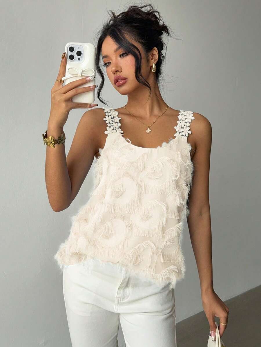 SHEIN Tall 女款純色優雅休閒花卉蕾絲拼接紋理無袖上衣,適合高個女性 - 杏色 - 查看 1