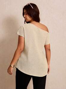 Elaquor 大码女式夏季休闲不对称领口系带上衣 - 杏色 - 查看 2