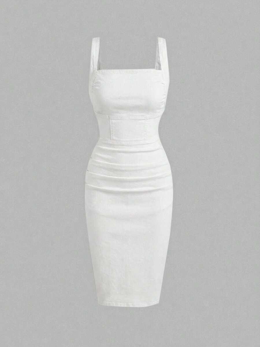 SHEIN MOD Women's Casual Everyday Commute Minimalist Solid Color Back Zipper Fitted Denim Dress, Summer - White - View 1