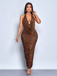 SOLERSUN Women's Halter-Neck Mesh Dress,Shades Of Brown,Summer,Night Out Elegant Fitted Ruched Long Party Dress,Petite Vintage Nightclub Vacation Style - Brown - View 5