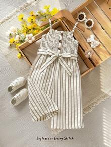Cozy Pixies Bộ áo liền quần dệt mềm mại, họa tiết sọc, kiểu dáng thường ngày cho bé gái sơ sinh/trẻ nhỏ. - Nhiều màu - Xem 7