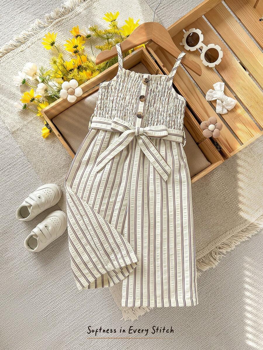 Cozy Pixies Bộ áo liền quần dệt mềm mại, họa tiết sọc, kiểu dáng thường ngày cho bé gái sơ sinh/trẻ nhỏ. - Nhiều màu - Xem 1