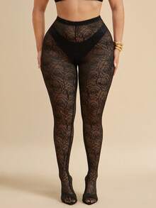 SHEIN BAE CURVE Plus Size Black Semi-Sheer Flocked Mesh Stirrup Leggings,Rose Pattern Tights For Women,Elegant Floral Design Pantyhose,Autumn Classy Rave See-Tights - Black - View 4