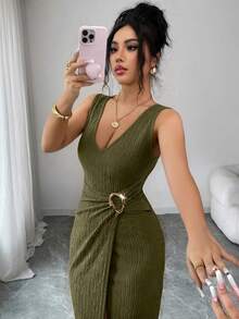 SHEIN Raffinéa Women's Elegant Textured Metal Ring Detail Split Dress, Summer - Army Green - View 5