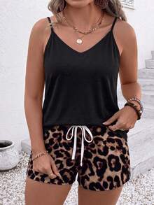 Plus Size Fashion Casual Basic Retro Black Camisole Top And Leopard Print Shorts 2-Piece Set - Multicolor - View 5