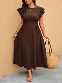 Elaquor Plus Size Casual Solid Color Flutter Sleeve Dress - Coffee Brown - View 6