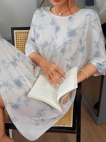 DAZY Women's Floral Print Crew Neck Nightgown Summer Pajamas - Baby Blue - View 6
