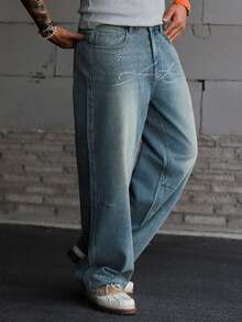 DAZY Pantalones vaqueros casuales de hombre de primavera con letras de strass - Azul - Ver 5