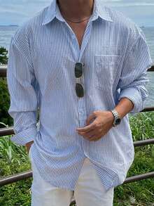 DAZY Blue Striped Long Sleeve Shirt For Men, Spring - Blue - View 3