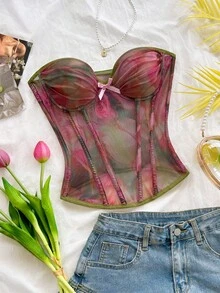 Soleia Watercolor Tie Dye Bow Tie Elastic Mesh Ruched Bustier - Multicolor - View 1