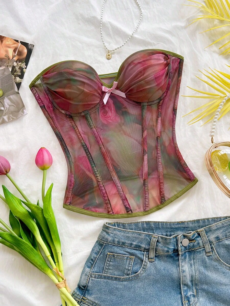 Soleia Watercolor Tie Dye Bow Tie Elastic Mesh Ruched Bustier - Multicolor - View 1