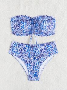Swim Lushoire 女士可爱碎花吊带荷叶边甜心珍珠吊坠抽绳比基尼泳装套装，海滩夏日度假装 - 彩色 - 查看 3