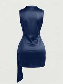 Franclia Women's Navy Blue Summer Elegant Sexy Night Out Satin Bodycon High Collar Metal Buckle Pleated Sleeveless Dress,Party Resort Valentine's Day Outfit - Royal Blue - View 2
