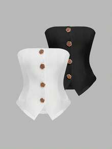 Franclia Women's Metal Flower Button Crop Top & Camisole 2 Pieces Set, Fashionable & Versatile - Multicolor - View 3
