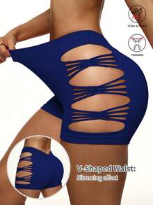Slayform 1 pieza Shorts deportivos de mujer con espalda baja rasgada y cuello en V súper cortos - azul real - Ver 1