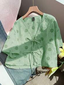 Comfortcana Áo sơ mi nữ cỡ lớn màu xanh lá cây kẻ caro thêu hoa, cổ nơ, chất liệu dệt kim. - màu xanh lá - Xem 7