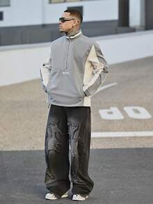 Devon Thys 男士休闲立领长袖夹克，户外防风外套，冬季街头风半拉链立领夹克，配有可调节抽绳下摆，适合户外活动、运动、休闲、上学、聚会、音乐节、Y2K风格防风夹克，秋季必备 - 灰色 - 查看 4