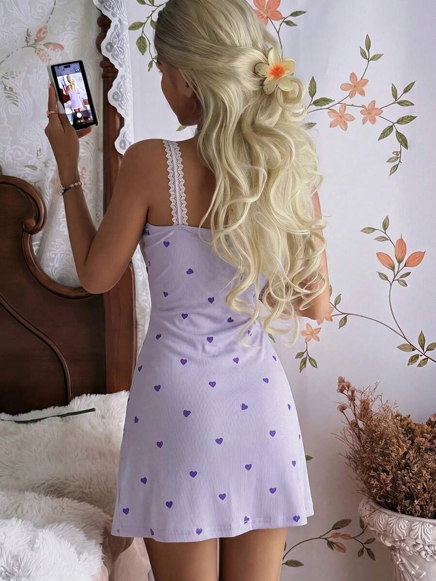 CottageSlumber Purple Women's Nightgown, Heart-Shaped Fine Ribbed Texture Silk Contrast Lace Romantic Spaghetti Strap Dress - Purple - View 1