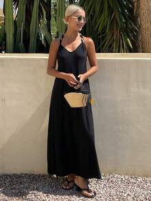 DAZY Women's Elegant Summer Vacation Long Dress With Braided Rope Scarf Decoration, Halter Neck And Backless Design - Black - View 5