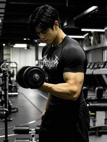 GymBeat 男士哥德風印花短袖運動T恤，健身、度假 - 黑色 - 查看 5