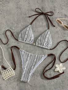 SHEIN Swim Vcay Bộ bikini 2 mảnh sang trọng, thanh lịch màu trắng ren móc và nâu caramel/nâu dành cho nữ, áo bơi cổ yếm đính hạt gỗ, quần bơi thong cạp cao gợi cảm cho kỳ nghỉ hè ở bãi biển, hồ bơi, phong cách retro Y2K Spice Hot Girl, lễ hội âm nhạc, tiệc brunch ven biển nhiệt đới, kỳ nghỉ trên đảo ven biển & phong cách hiện đại. - màu nâu - Xem 1