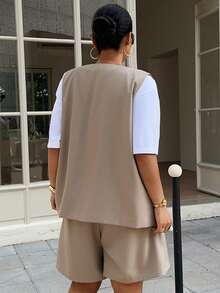 Dazy Plus Plus Size Women's Solid Color Business Casual Sleeveless Open Front Cardigan + Straight Leg Shorts 2 Piece Set, Spring/Summer - Khaki - View 7