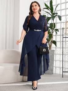 SHEIN Clasi Mono de talla grande con decoración de strass, parches de encaje y volantes - Azul Marino - Ver 7