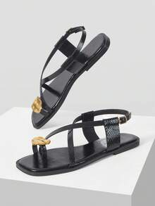 MOTF PREMIUM Giày sandal đế bằng hở mũi, kiểu dáng tối giản, thoải mái dành cho nữ, phù hợp cho việc đi làm và đi nghỉ mát. - Đen sáng - Xem 9