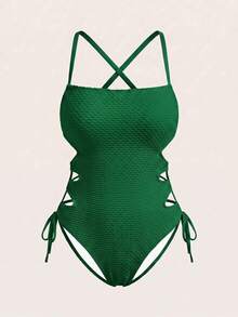 Swim SXY Maillot de bain une pièce grande taille 2026, maillot de bain une pièce sexy d'été pour la plage avec découpes, cordon de serrage et bretelles spaghetti sur les côtés - Vert - Voir 8