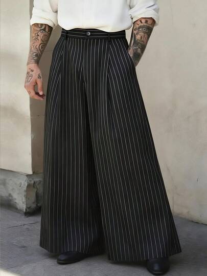 PAVTROS Plus Size Men's Loose Fit Wide Leg Striped Pants, Retro Street Style