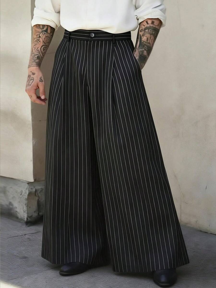 Manfinity Homme Pantalones anchos de pierna ancha a rayas de corte holgado para hombres de talla grande, estilo callejero retro - Negro - Ver 1
