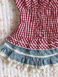 Attitoon Casual Minimalist Retro Red & White Plaid Petal Sleeve Blouse, Suitable For Spring & Summer - Red and White - View 3