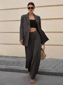 EURMUSE Fashionable Commuter Solid Color Jacket And Pants Suit - Brown - View 3