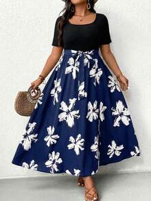SHEIN Frenchy Vestido corto de manga corta de unicolor con parches de estampado de leopardo para uso diario para mujeres de talla grande, ropa de otoño - Azul - Ver 6