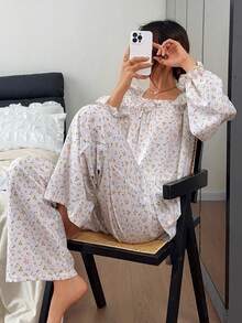 DAZY Sweet Ditsy Floral Ruffle Trim Women Pajama Set - White - View 8