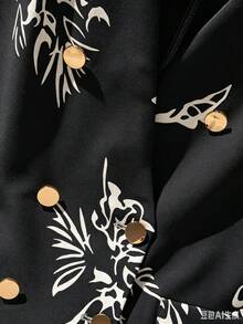SHEIN Clasi 时尚优雅V领无袖收腰数码印花两件套，大码，春夏款 - 黑色 - 查看 4