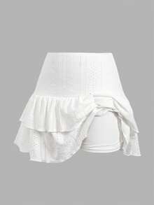 SHEIN Váy xếp ly cho bé gái tuổi teen, kiểu dáng thường ngày, thoải mái, có viền bèo. - trắng - Xem 3