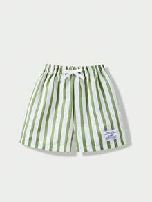 SHEIN 1pc Young BoyWoven Striped Casual Shorts, Decorative Patch, Relaxed Holiday Style, Suitable For Spring/Summer Daily Wear - Green - View 4